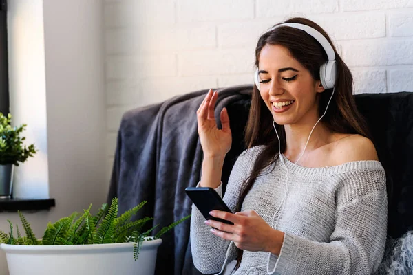 Beautiful Young Woman Listening Music Headphones Home — Stock Photo, Image