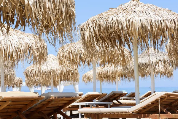 Lehátka Slunečníky Tropické Pláži Resort — Stock fotografie