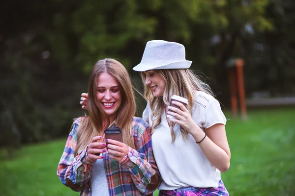 Дві Молоді Жінки Ходять Зеленому Парку Студентські Дівчата Розмовляють Найкращі — стокове фото