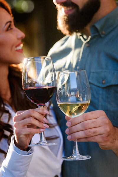 молодая пара пьет вино в винограднике 