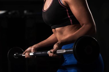 Spor salonundaki vücut geliştiren kız halter detaylarıyla çalışıyor.