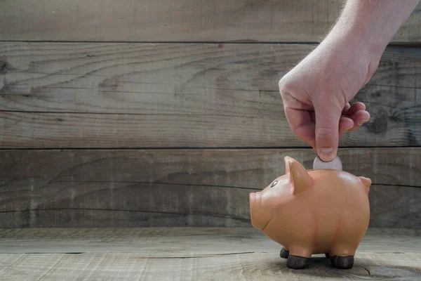 Stock image hand holding a piggy bank against a wooden background