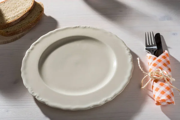 Mediterranean Restaurant Table Setup Empty Plate Bread Cutlery — Stock Photo, Image