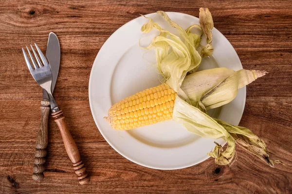 Corn Rustic Plate Fork Knife — Stock Photo, Image