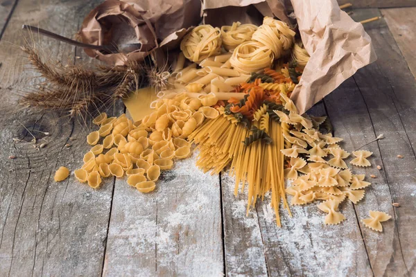 Various Mix Pasta Wooden Rustic Background — Stock Photo, Image