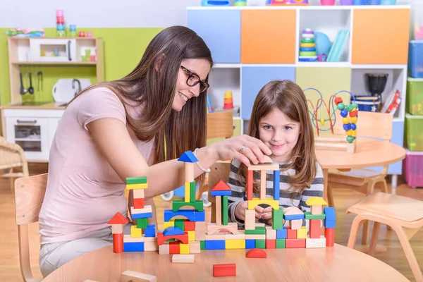 Teacher Girl Playing Toy Blocks School — Stock Photo, Image