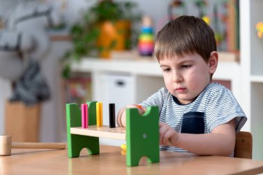 Akıllı çocuk didactic oyuncaklarla oynar.