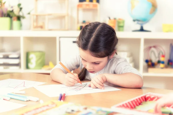 Cute Little Girl Drawing Kindergarten Classroom — Stock Photo, Image