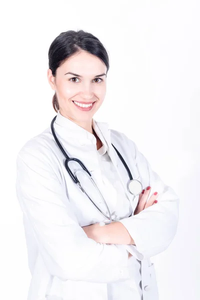 Belle Femme Médecin Avec Stéthoscope Sur Fond Blanc — Photo