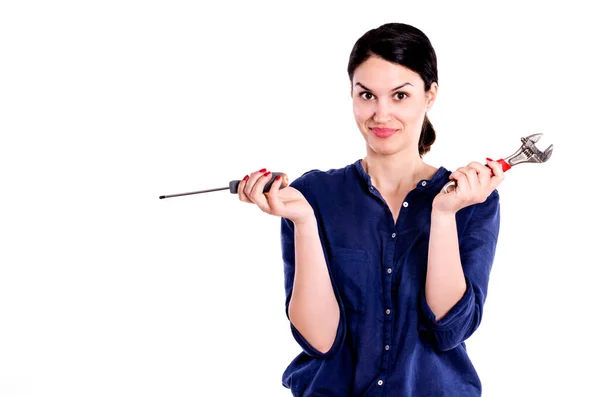 stock image portrait of beautiful woman in uniform with tools