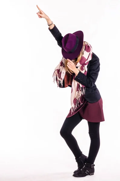 Autumn Fashion Girl Hat Hand Dance Pose — Stock Photo, Image