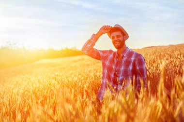 Buğday tarlasında genç bir çiftçi