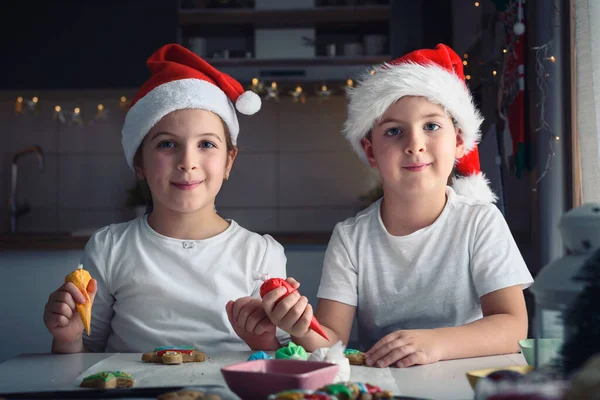 Duas Crianças Com Biscoitos Natal — Fotografia de Stock