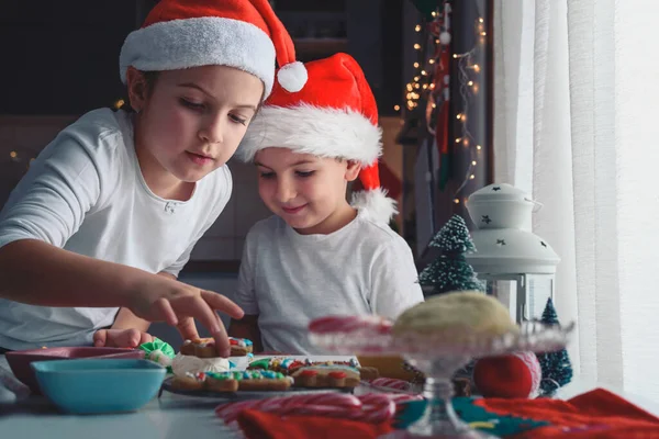 Two Happy Children Decorating Cookies Holidays Home — Stock Photo, Image