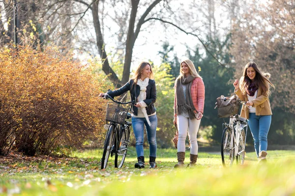 一群戴着自行车在公园里散步的微笑的大学女生 — 图库照片