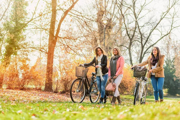 자전거를 공원을 여대생들 — 스톡 사진