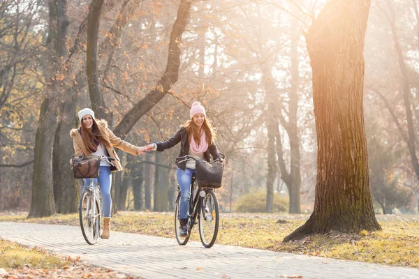 Καλύτεροι Φίλοι Ιππασία Ποδήλατα Στο Πάρκο — Φωτογραφία Αρχείου