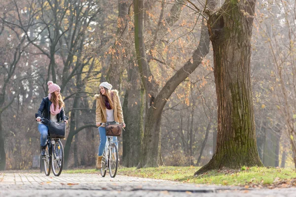 Καλύτεροι Φίλοι Ιππασία Ποδήλατα Στο Πάρκο — Φωτογραφία Αρχείου