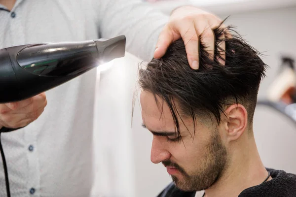 Man Having His Hair Dried Hairdressing Salon — Stock Photo, Image