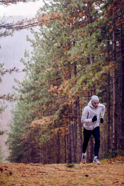 在森林里奔跑的年轻人 积极的生活方式 — 图库照片