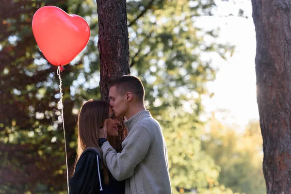 有心形气球的公园里的年轻夫妇 — 图库照片