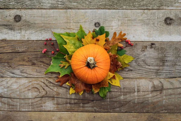カボチャと木のテーブルの上の葉で秋の背景 — ストック写真