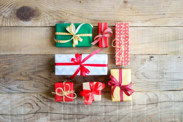 Christmas Gift Boxes Gifts Wooden Background — Φωτογραφία Αρχείου