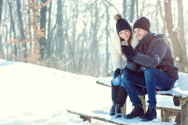 눈덮인 공원에서 부부가 웃으며 스마트폰을 — 스톡 사진