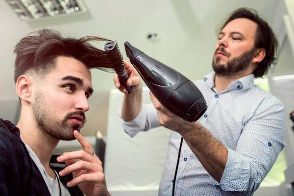 Man Having His Hair Dried Hairdressing Salon — Stock Photo, Image