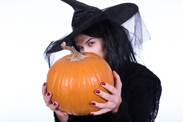 Beautiful Young Witch Black Halloween Costume Holding Pumpkin — Stock Photo, Image