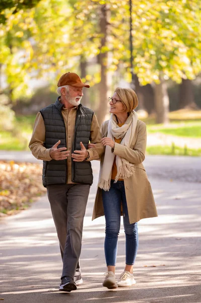 Glückliches Seniorenpaar Spaziert Durch Herbstpark — Stockfoto