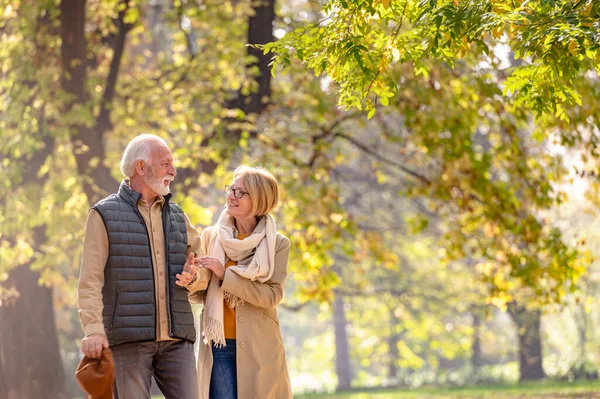 Glückliches Seniorenpaar Spaziert Durch Herbstpark — Stockfoto