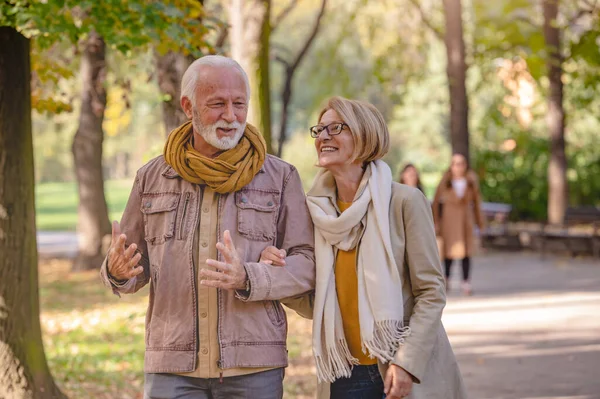 happy senior couple walking in autumn park