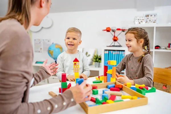 Kindergarten Children Playing Colorful Building Blocks Healthy Learning Environment Learning — Stock Photo, Image