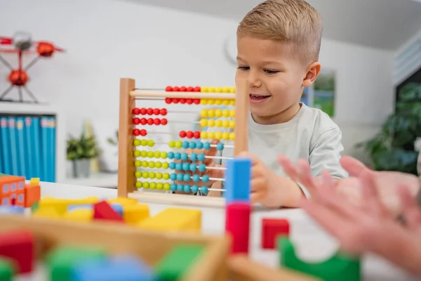 Cheerful Children Playing Colorful Didactic Toys Kindergarten Play Educational Toys — Stock Photo, Image
