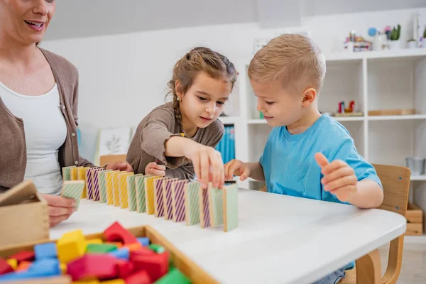 Kindergarten Children Playing Colorful Building Blocks Healthy Learning Environment Learning — Stock Photo, Image