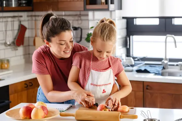 Beautiful Happy Mother Daughter Preparing Apple Pie Home Kitchen Autumn — Stock Photo, Image