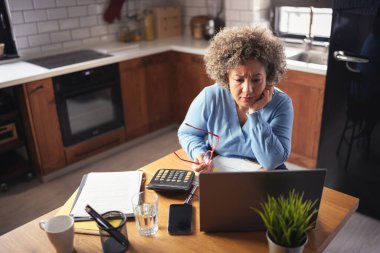 Mutfakta dizüstü bilgisayar kullanan son sınıf kadın serbest yazar.  