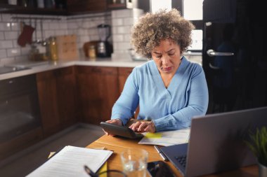 Mutfakta dizüstü bilgisayar kullanan son sınıf kadın serbest yazar.  
