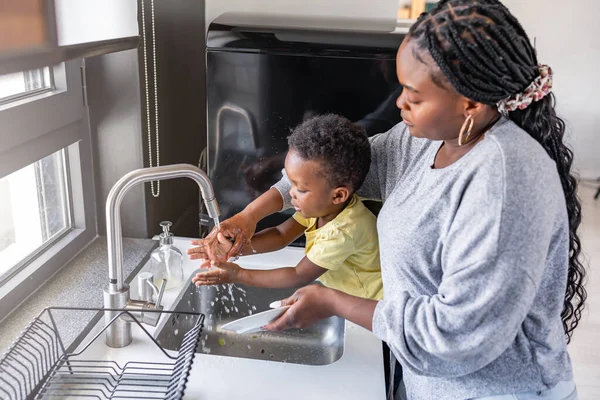 Cute Little Smiling African American Boy Washing Hands Kitchen Sink — Stock Photo, Image