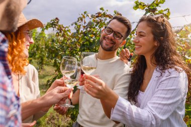 Gülümseyen arkadaşlar üzüm bağlarının arasında şarap tatmayı seviyorlar.