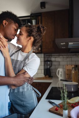 Birlikte yemek pişirirken modern mutfakta kucaklaşan çift.