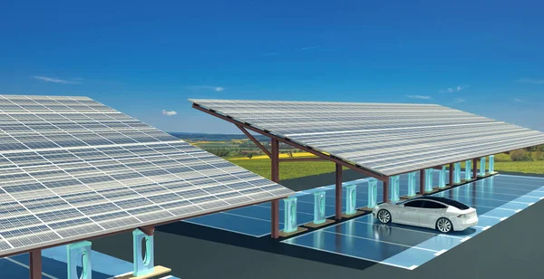 带太阳能电池板停车场的电动车收费点 3D插图 — 图库照片