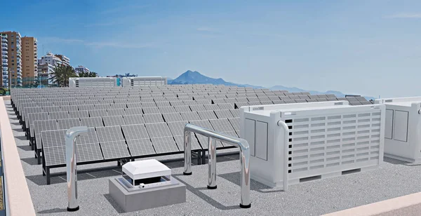 太阳能电池板的安装和蓄电池在高层建筑屋顶上的存储 3D说明 — 图库照片
