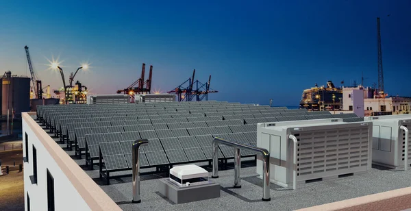 solar power panels installation and battery storage on the roof of a high-rise building, 3D Illustration