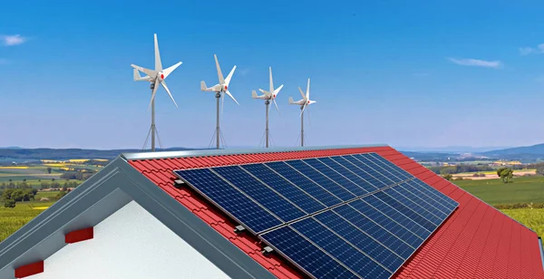 Malé Větrné Turbíny Solární Panely Střeše Soukromého Domu Ilustrace — Stock fotografie