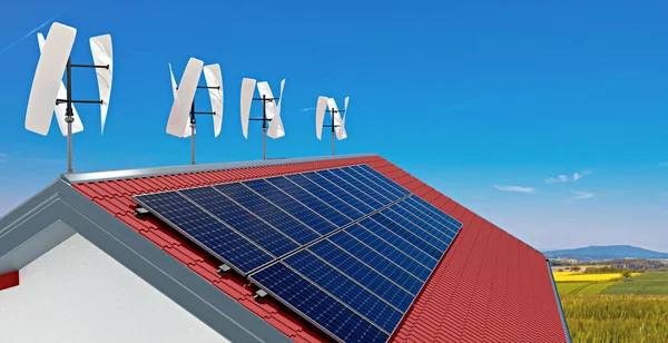 私人住宅屋顶上的小型风力涡轮机和太阳能电池板 3D说明 — 图库照片