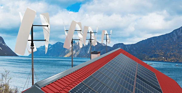 私人住宅屋顶上的小型风力涡轮机和太阳能电池板 3D说明 — 图库照片