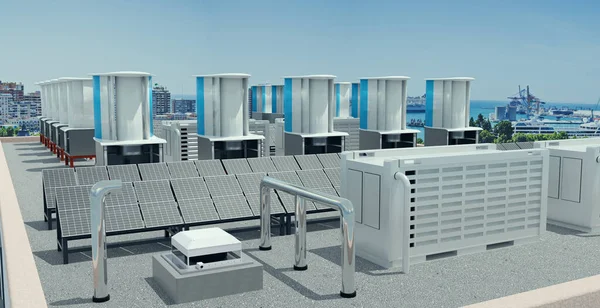 高層ビルの屋上に蓄電池付き太陽光発電パネル設置と風力タービン3Dイラスト — ストック写真
