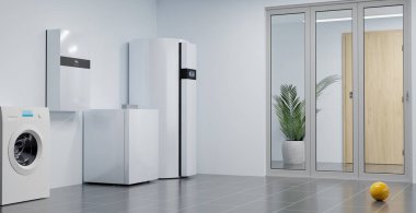 Özel evler için modern bir hava-su ısı pompası ısıtma sistemi, 3 boyutlu illüstrasyon